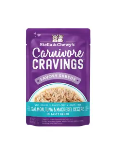 Carnivore Cravings Shreds Salmon, Tuna & Mackerel Pouches 79 g (Pack of 12)