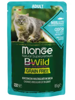 BWild Grain Free Adult Cat Irregular Cut Chunkies in Gravy Codfish with Shrimps and Vegetables 85 g